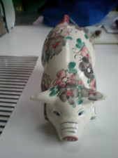 VINTAGE Ceramic Pig Piggy with Floral Design Handmade AND SIGNED 7.5