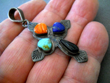Old Southwestern Stamps MultiStone Sterling Silver 3 Heart Cross Pendant 2.4