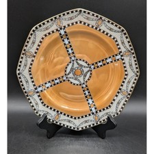 Noritake Art Deco Octagonal Plate Orange Lusterware Checkerboard Hand Painted 9
