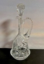 Vintage Crystal Cut Etched Glass Decanter With Handle & Stopper Tall 12.5