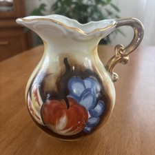 Vintage Hand Painted Fruit Design Blue, Orange, Cream Gold Handled Pitcher/Vase picture