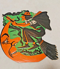 Vintage Halloween Embossed Cardboard Diecut Beistle Witch Moon Bat 30-50s picture