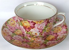 Vintage Colclough Bone China Red Pink Yellow Rose Chintz Teacup & Saucer England picture