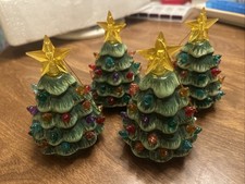 Vintage Mr Christmas Mini Ceramic Christmas Tree Light Up Ornament Lot Of 4 picture