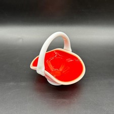 Art Glass Basket Cased White Red Trinket Dish Jewelry Holder Applied Handle picture