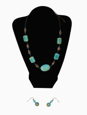 VTG Yousi Faux Turquoise Necklace & Pierced Earring Set Marbled Beaded Dangle picture
