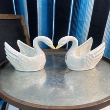 2 VTG White Ceramic Swan Planter W/ Rose Flowers Glossy-6 1/2”x3 1/2”x4” picture