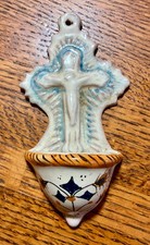 Vintage Italian Majolica Hand Painted Holy Water Font picture