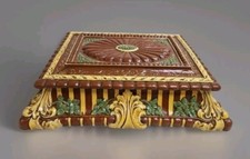 Ceramic Covered Trinket Box Brown Yellow Green With Scallops 11.5