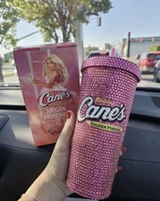 Raising Cane's Pink Rhinestone Tumbler Cup w/ Lid & Straw, White Yellow Black picture