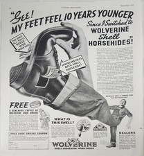 1937 Wolverine shell horsehide work shoe Vintage Ad 14x10 feet 10 years younger picture