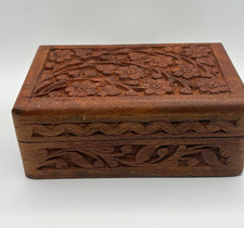 Vintage India Hand Carved Wood Jewelry Trinket Box Floral Velvet Lined 6x4 picture