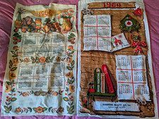 Vintage 1960s Calendar Tea Towel Set of 2 Floral Multicolor Cloth 1966 1964  picture