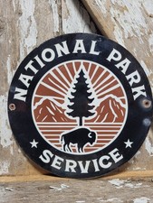 VINTAGE NATIONAL PARK SERVICE PORCELAIN SIGN OLD FOREST CAMP FIRE RANGER BUFFALO picture