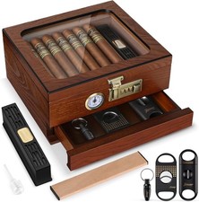 Cedar Wood Cigar Humidor Glass Top Desktop Box Digital Hygrometer Humidifier picture