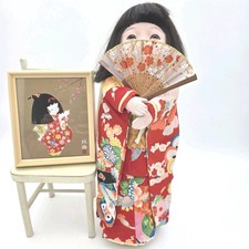 Vintage Japanese Doll Ichimatsu Style Oyama Maiko Geisha Kimono Fan & Framed Art picture
