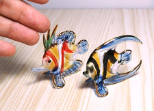 2 pcs blue maroon Angle fish figurine hand blown glass art gild 2.25