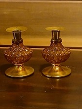 Vtg Mid Century Amber Glass Candlesticks Pair Hollywood Regency Bubble Textured picture