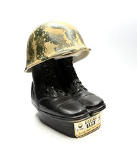 1975 Jim Beam Military Helmet Combat Boots Decanter Vintage Empty 100 Months picture