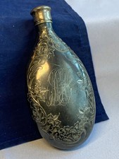 Vtg Derby Flask Silver Plated Floral Design Monogrammed Twist Cap Rounded Bottom picture