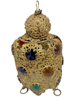 Antique Victorian Brass Filigree Glass Cabochon Jeweled Pendant hanging Lamp picture