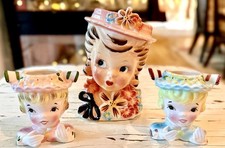 Lot of Vintage Girl Head Vases: 1 Nippon Blonde Girl +2 Enesco PINK & BLUE Girls picture