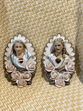 VTG 60's Chalkware Jesus Virgin Mary Wall Hangings 10.5