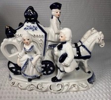 Vtg Victorian Blue White Hand Painted Porcelain Carriage Figurine Felt Bottom picture