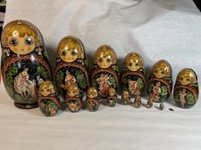 Signed Russian Matryoshka Nesting Dolls 15 dolls Palekh Style Fairy Tale 9.5
