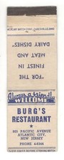 Burg's Restaurant Atlantic City New Jersey Vintage Matchbook Cover A7 picture