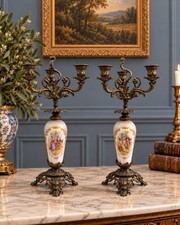 Antique Pair Sevres Style Porcelain Bronze 3-Arm Candelabra Courting Scenes picture