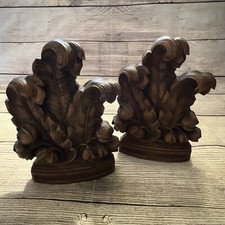 Vintage Syroco Wood Bookends Fern Flower Floral Composite Filigree Flume 7” picture