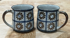 Rare Vtg 70s Otagiri Daisy Flower Grid Speckled Stoneware Mugs Japan Set/2 Boho picture