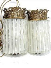 Vtg Hollywood Regency MCM Ribbed Glass Brass 2 Swag Pendant Lights Hardwired picture