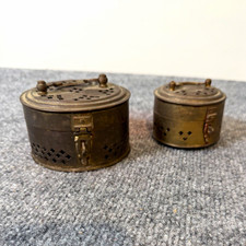 Antique Asian Brass Hand Warmers Brazier Incense Burners Pierced Pair Chinese picture
