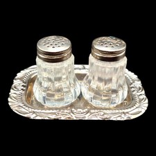 Vintage Individual Mini Salt and Pepper Shaker Set with Silverplate Tray 3 3/4
