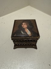 Antique Trinket Box Silk Fabric Dona Isabel-Goya Green Velvet Lining 3” picture