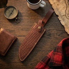 Custom Brown Leather Knife Sheath for 8 Inch Fixed Blade Belt Loop Basketweave picture