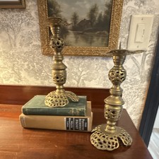 Vintage Pair Pierced Brass Cherub Pricket Altar Candlesticks Candle Holders picture