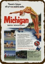 1952 Sexy Busty Woman MICHIGAN Tourism Vintge-Look DECORATIVE REPLICA METAL SIGN picture