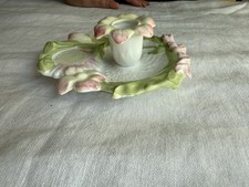 Majolica Art Nouveau Chamber Candle Holder Green,Pink Flower Shaped Antique VTG picture