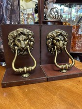 Vintage Lion Door Knocker Bookends Solid Brass & Leather Made In England picture