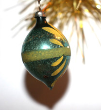 Vintage Tiny Christmas Ornament Teardrop Glass green w/ yellow Flower Stencil picture