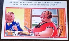 Humor Comic Dining Couple Postcard 'Am I Enjoying My Food? You Bet I Am' Posted picture