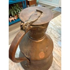 Antique Hand Hammered Copper Pitcher Hinged Lid Rustic Primitive Water Vessel picture