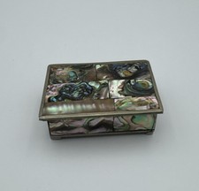 Vintage Abalone Mother of Pearl Jewelry 2.25” Trinket Box Silver Alpaca Mexico picture