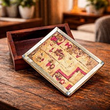 Souvenir Vintage Wood Trinket Jewelry Box Peruvian Inca Paracas Textile Fragment picture