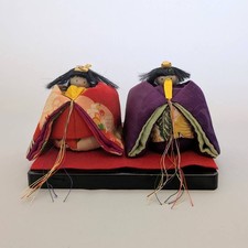 Vintage Japanese Handmade Chirimen Kimono Fabric Standing Hina Dolls Screen Set picture