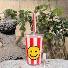 4.5'' Smile Cup with Straw Shape Glass Bong 💗 Water Pipe Hookahs in 14mm Bowl picture