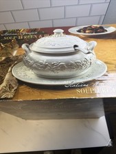 Italian Ceramic Soup Tureen Platter Ladle 5.2 Qt Made in Italy NOS White picture